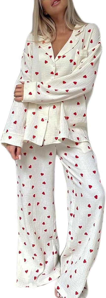 Women Pajama Sets Cotton Pj Set Cute Heart Print Long Sleeve Button Down Shirt With Long Pants