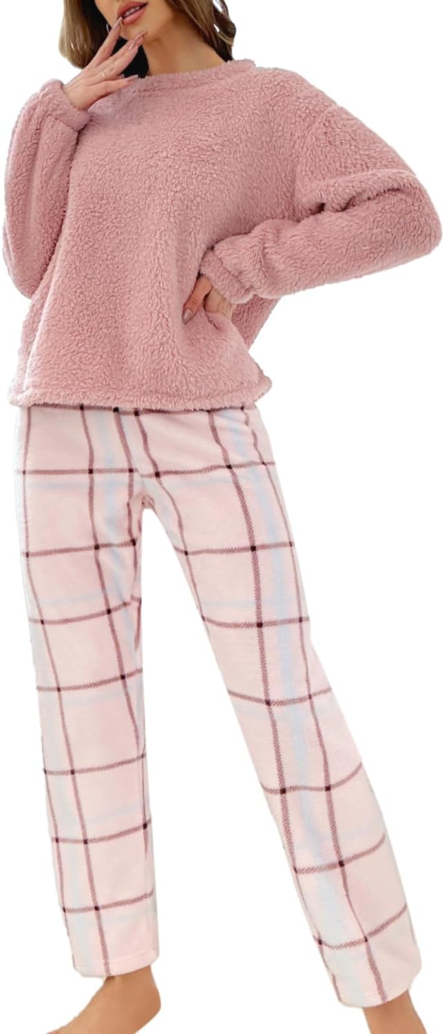 Women Fuzzy Fleece Pajamas Set Flannel 2 Piece Winter Warm Comfy Printed Loungewear Sleepwear Pj Sets