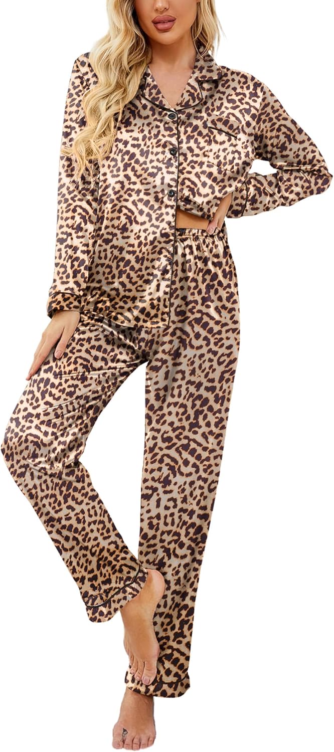 Women Satin Pajama Set Classic Pattern Silky Pj Sets Button Down Sleepwear Loungewear
