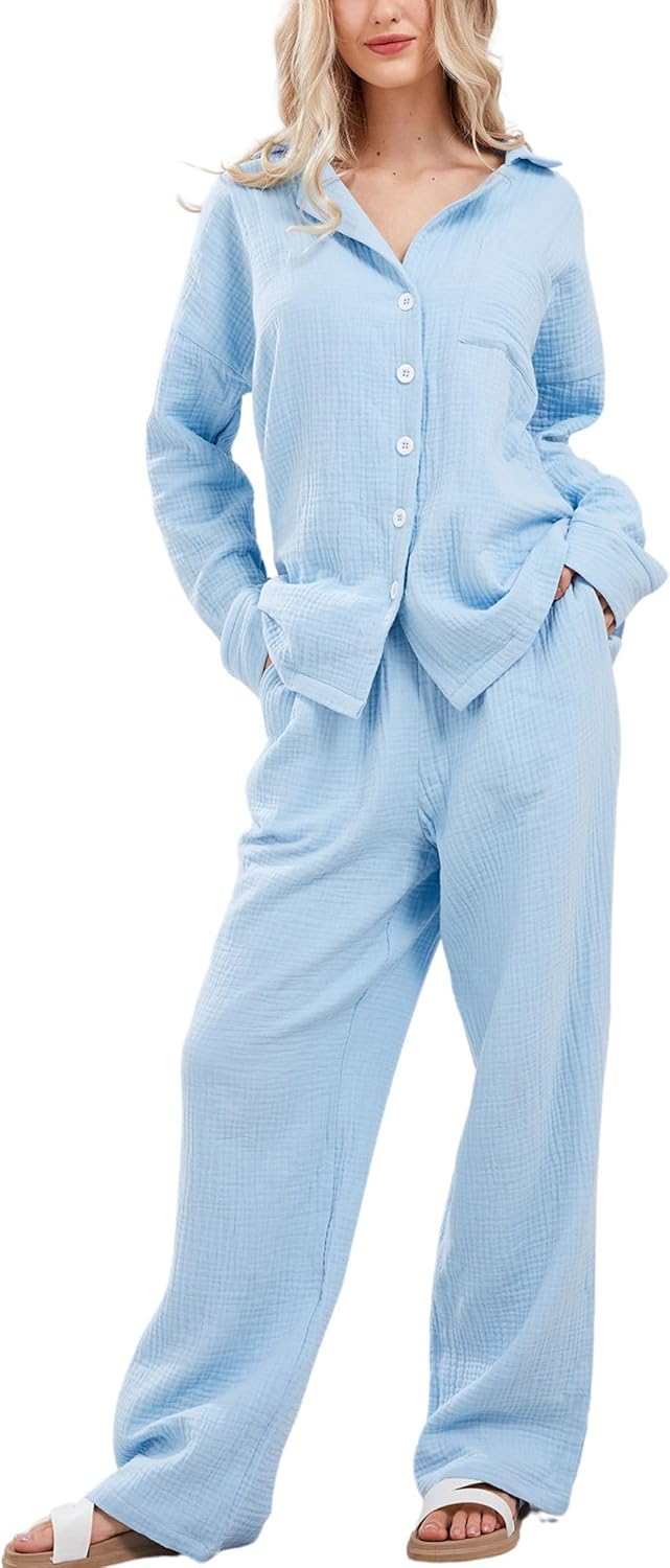 Women Pajama Sets Cotton Pj Set Cute Heart Print Long Sleeve Button Down Shirt With Long Pants