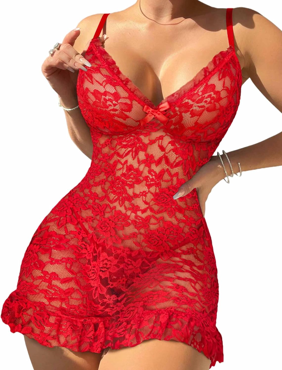 Women Sexy Lace Nightgown Mesh Chemise Babydoll Lingerie Dress Ruffle Hem Sleepwear Exotic Boudoir Outfits