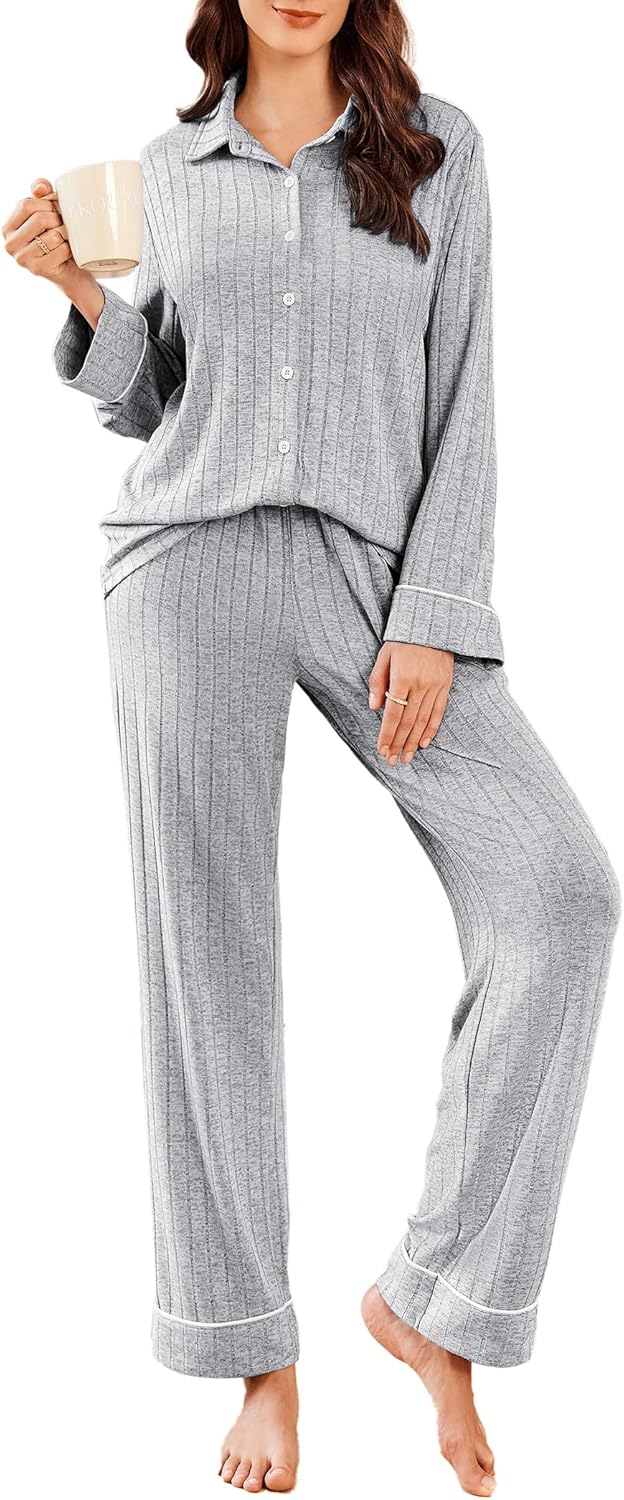 Women Pajama Sets Long Sleeve Ribbed Knit Lounge Set Button Down Soft 2 Piece Pjs With Pockets