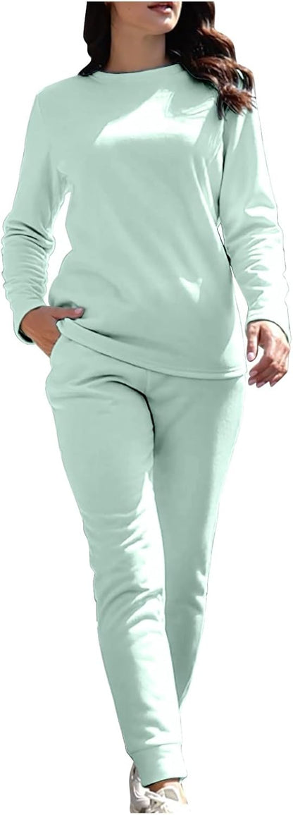 Women Warm Pajama Sets Fleece Lined Long Sleeve Crewneck Sweatshirt Pullover and Pants Loungewear Sets Winter Clothes