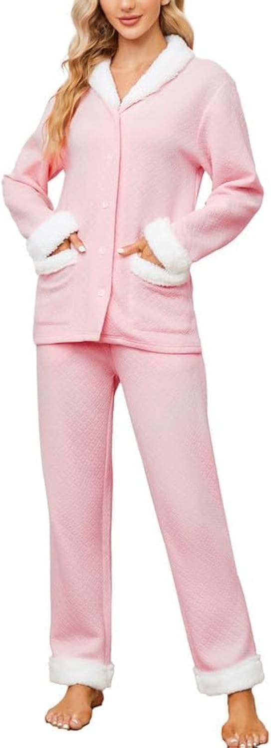 Women Pajama Set Soft Warm  Shawl Collar Long Sleeve Quilted Fabric Cotton Cozy Button-Down Pjs