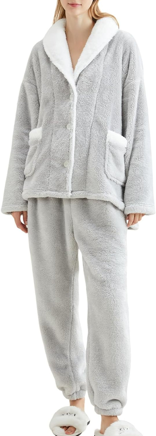 Women Pajamas Set Fluffy 2 Piece Pjs Fuzzy Top Pants Loose Coral Fleece Loungewear Sleepwear Winter Warm Pj