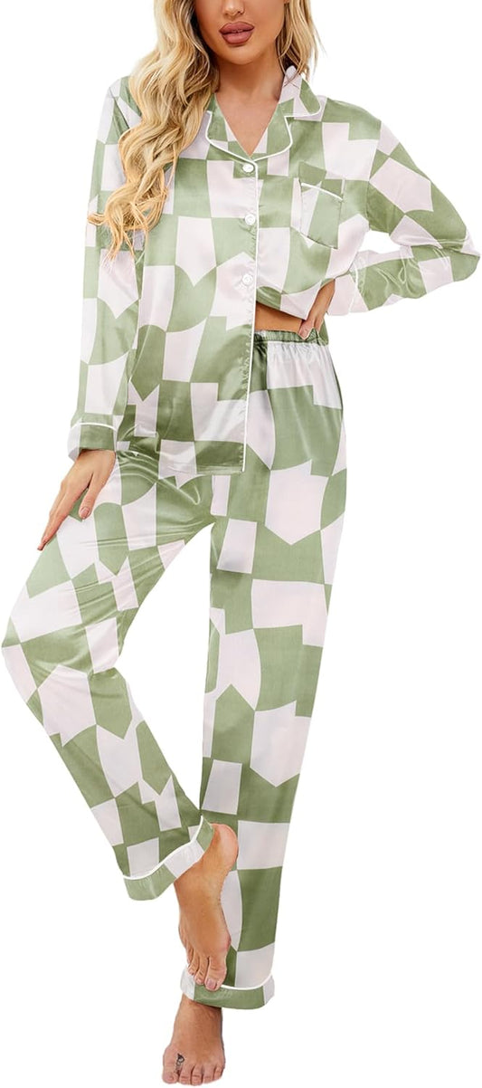 Women Satin Pajama Set Classic Pattern Silky Pj Sets Button Down Sleepwear Loungewear