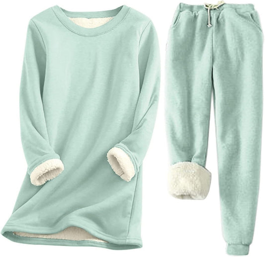 Women Warm Pajama Sets Fleece Lined Long Sleeve Crewneck Sweatshirt Pullover and Pants Loungewear Sets Winter Clothes