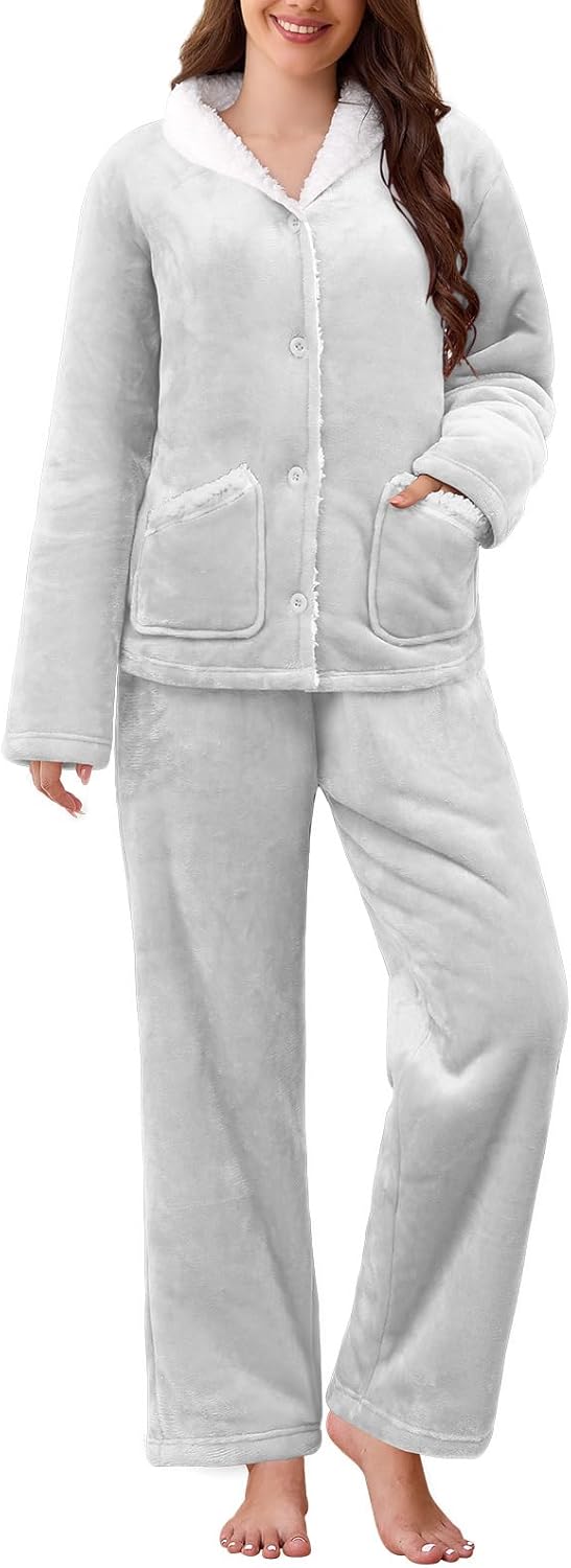 Women Pajama Sets Fleece Pajamas 2 Piece Pjs Set with Pockets Winter Warm Fuzzy Sleepwear Loungewear