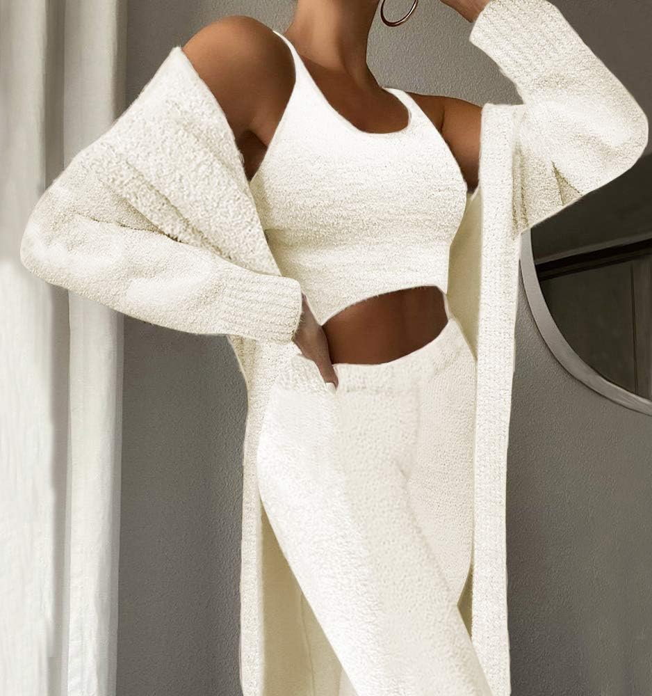 Women Fuzzy 3 Piece Sweatsuit Open Front Cardigan Crop Tank Tops Wide Legs Pants Lounge Sets