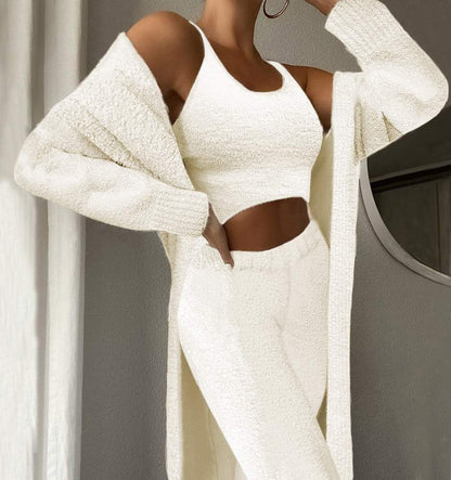 Women Fuzzy 3 Piece Sweatsuit Open Front Cardigan Crop Tank Tops Wide Legs Pants Lounge Sets