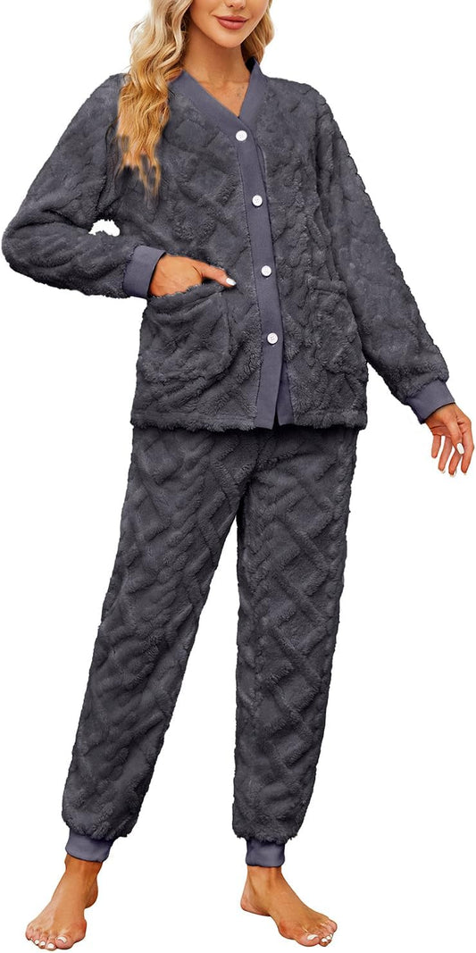 Women Fuzzy Pajama Set Warm Fluffy Long Sleeve Sleepwear Plush Loungewear Thermal Nightwear with Pockets