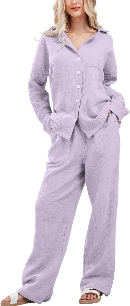 Women Pajama Sets Cotton Pj Set Cute Heart Print Long Sleeve Button Down Shirt With Long Pants