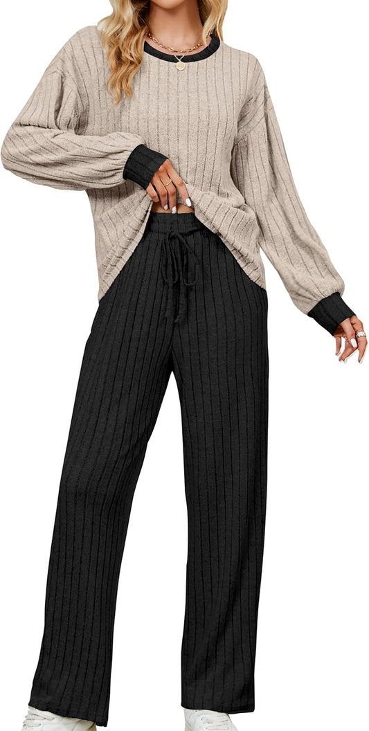 Women Lounge Set Cute Long Sleeve Pajama Sets Casual 2 Piece Pj Outfit Fall Sleepwear Pockets