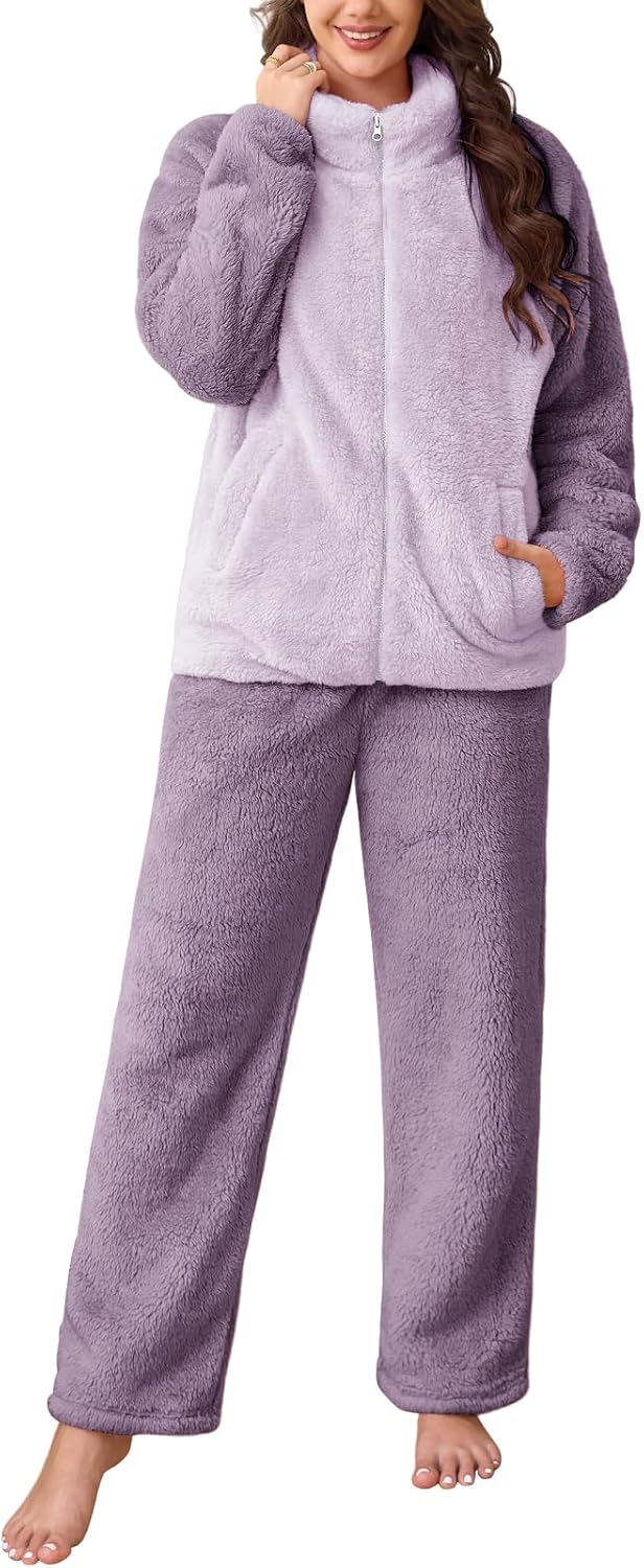 Women Fluffy Pajamas Set Fuzzy Fleece Loungewear Winter Loose Plush Sleepwear Soft Cozy Lounge Sets Full Zip Pjs