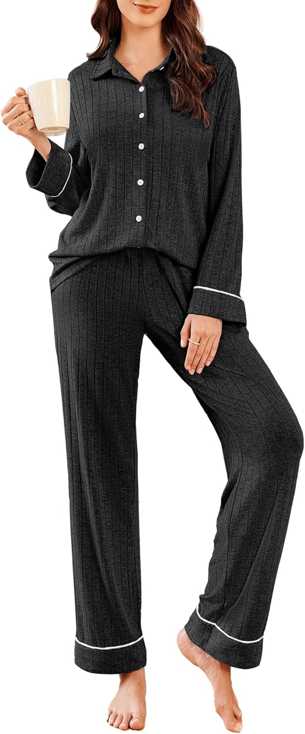 Women Pajama Sets Long Sleeve Ribbed Knit Lounge Set Button Down Soft 2 Piece Pjs With Pockets