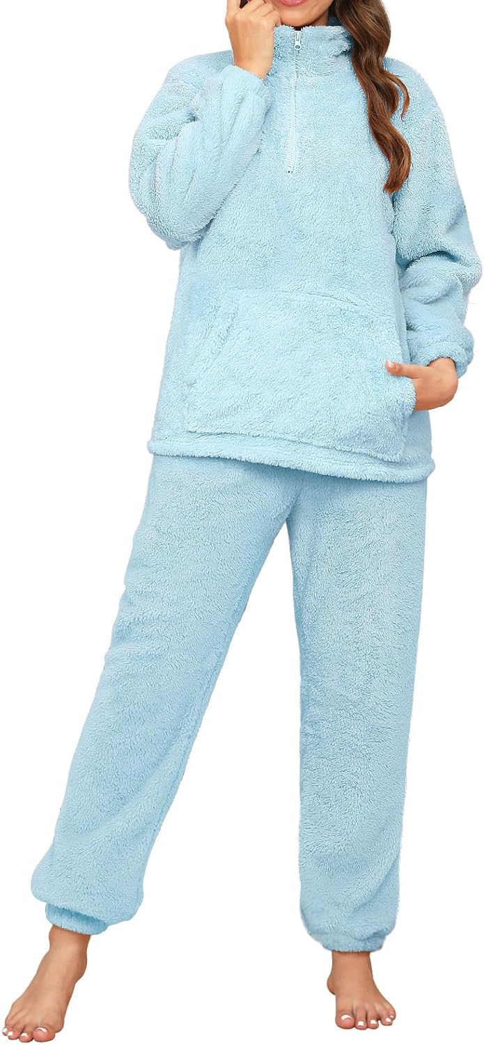 Women Fleece Pajamas Set Winter Fluffy Pullover Loungewear Pjs 2 Piece Plush Pyjama Sets Sleepwear Nightwear