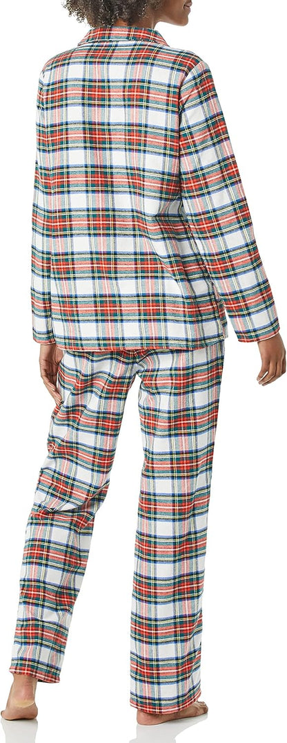 Women Flannel Long-Sleeve Button Front Shirt and Pant Pajama Set