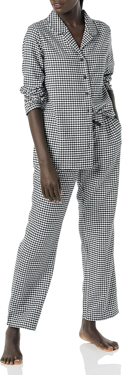 Women Flannel Long-Sleeve Button Front Shirt and Pant Pajama Set