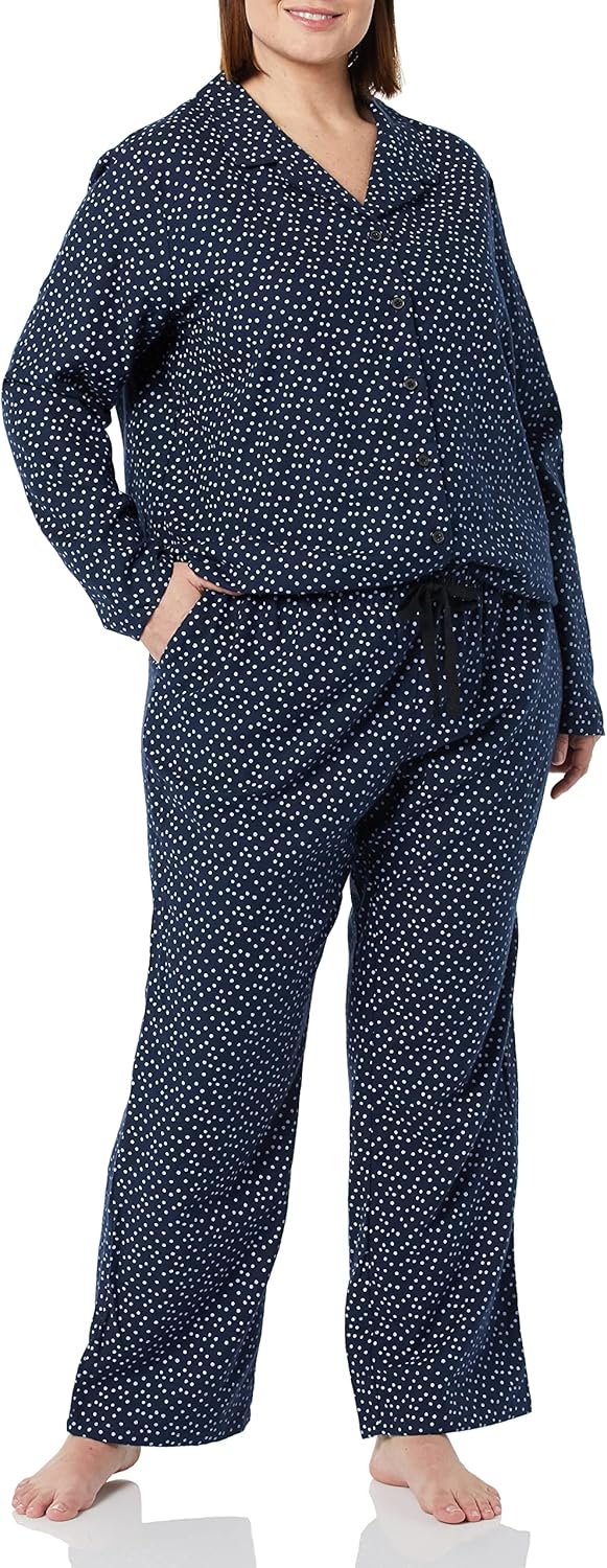 Women Flannel Long-Sleeve Button Front Shirt and Pant Pajama Set
