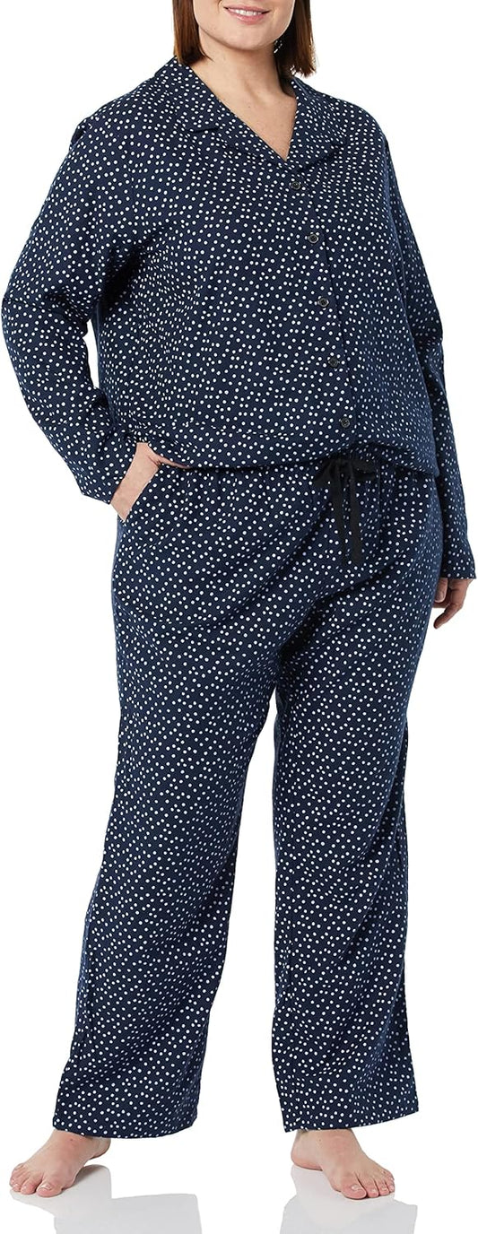 Women Flannel Long-Sleeve Button Front Shirt and Pant Pajama Set