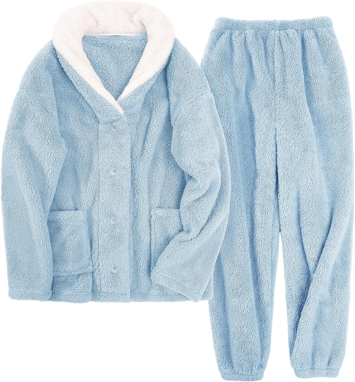 Fluffy Pajamas Set for Women Fleece Pjs Sets Button Down Sleepwear Pullover Fuzzy Pants Winter Plush Loungewear