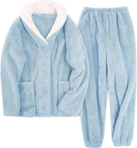 Fluffy Pajamas Set for Women Fleece Pjs Sets Button Down Sleepwear Pullover Fuzzy Pants Winter Plush Loungewear