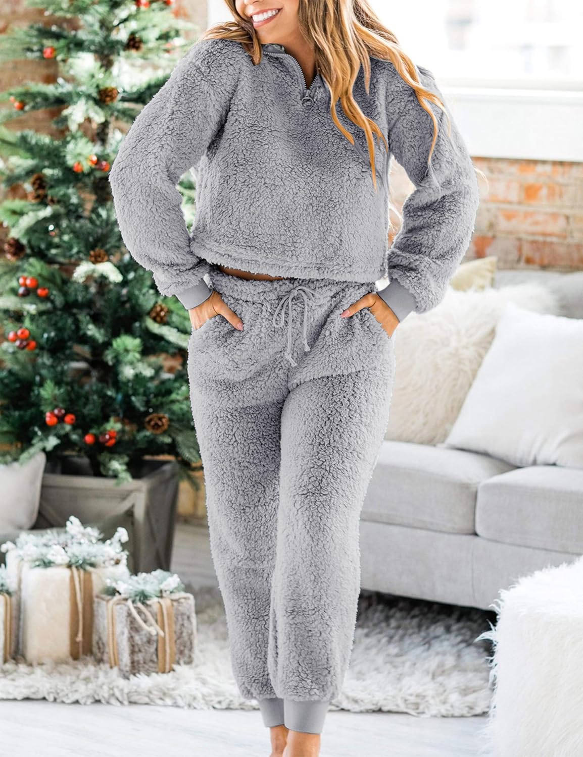 Women Fuzzy Pajamas Sets Lounge Fluffy Fleece Sleepwear Zip Up Pullover Pockets