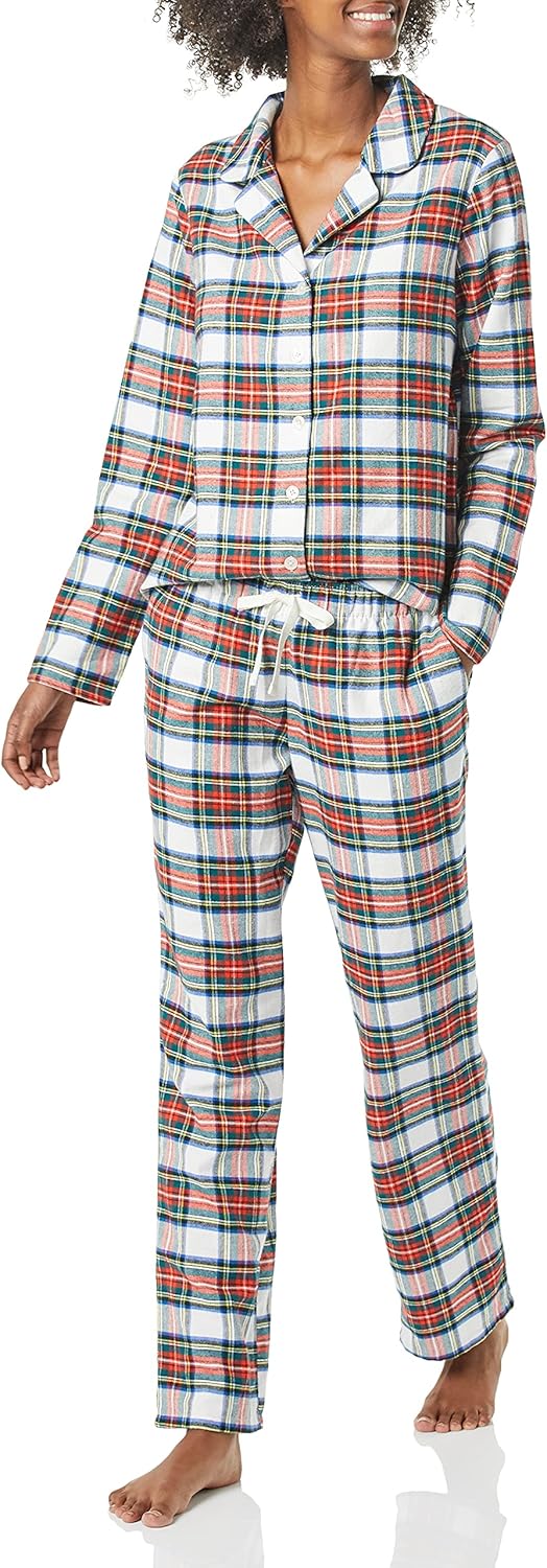 Women Flannel Long-Sleeve Button Front Shirt and Pant Pajama Set