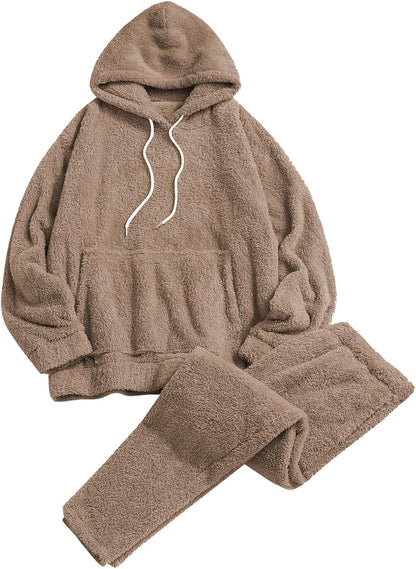 Women Fuzzy Fleece Pajamas Sets Loungewear Long Sleeve pocket Casual Hoodies and Pants Set 2 Piece Fluffy Sleepwear
