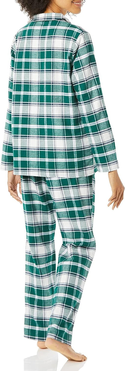 Women Flannel Long-Sleeve Button Front Shirt and Pant Pajama Set