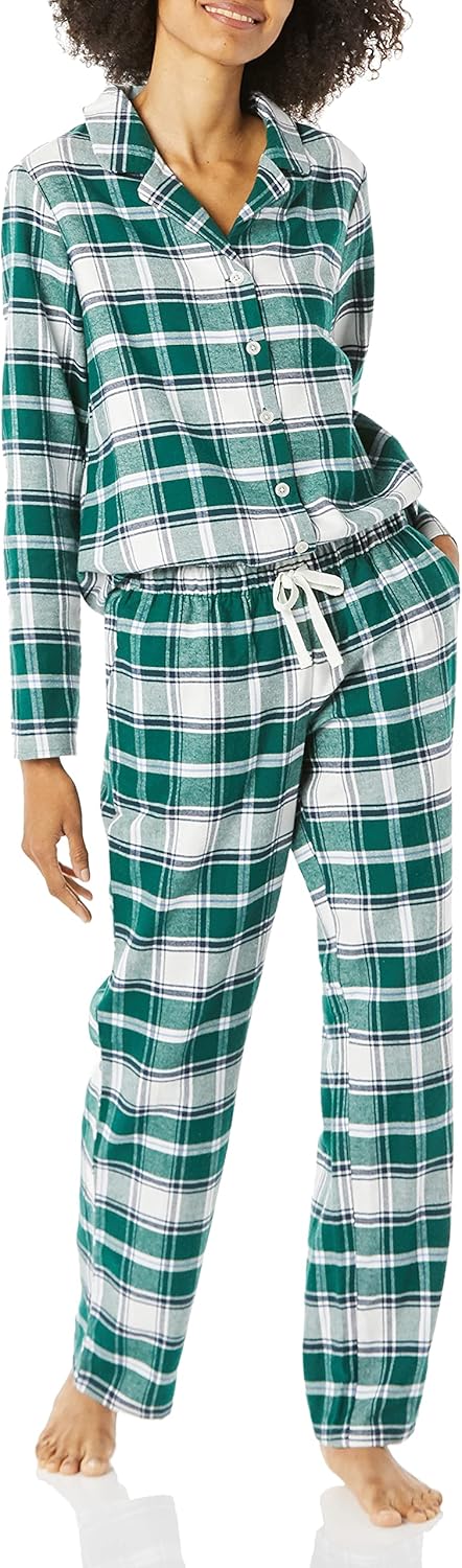 Women Flannel Long-Sleeve Button Front Shirt and Pant Pajama Set