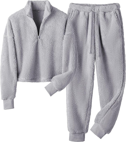 Women Fuzzy Pajamas Sets Lounge Fluffy Fleece Sleepwear Zip Up Pullover Pockets